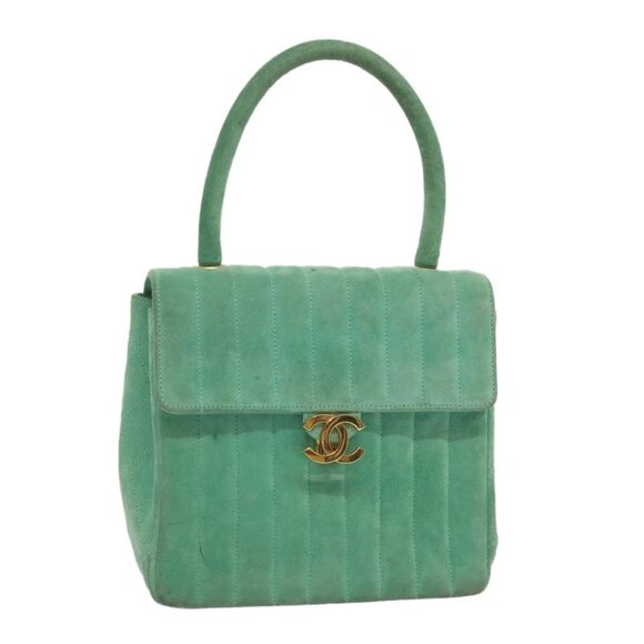 CHANEL Hand Bag Suede Green CC Auth 68731A - Picture 1 of 16